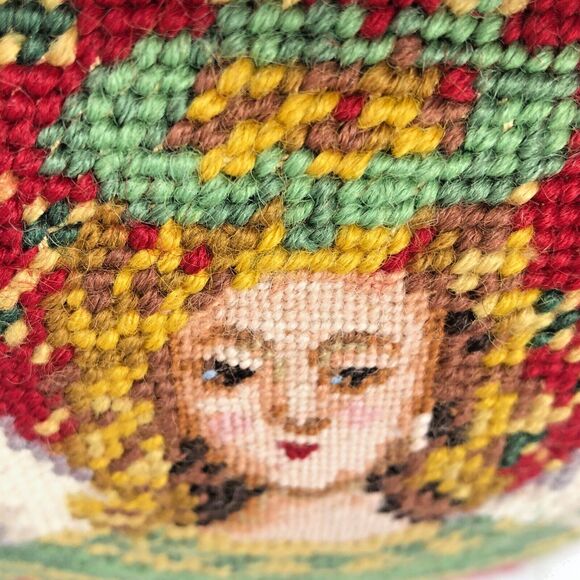 Handmade Wool Needlepoint Pillow 9” Vintage Victorian Angel Green Velvet Back - Picture 12 of 12